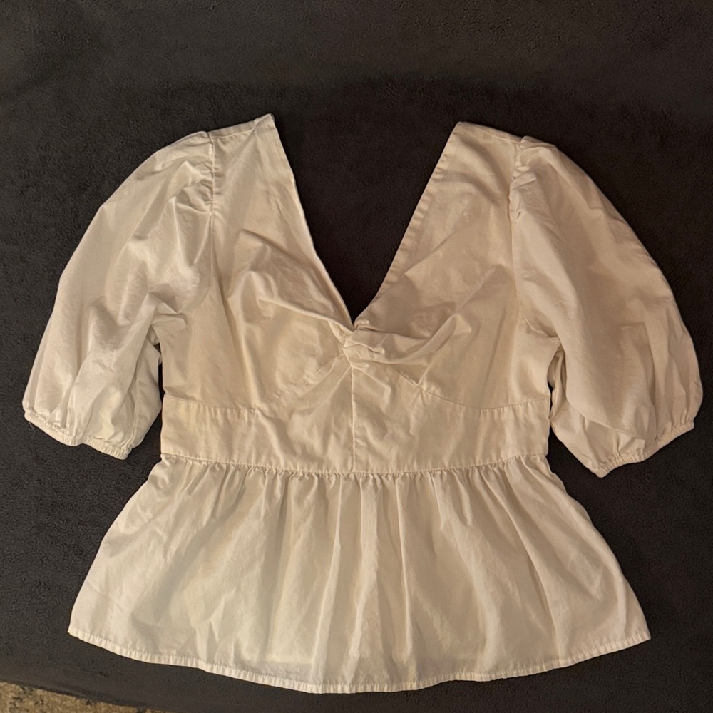 GAP White V-Neck Blouse with Puff Sleeves